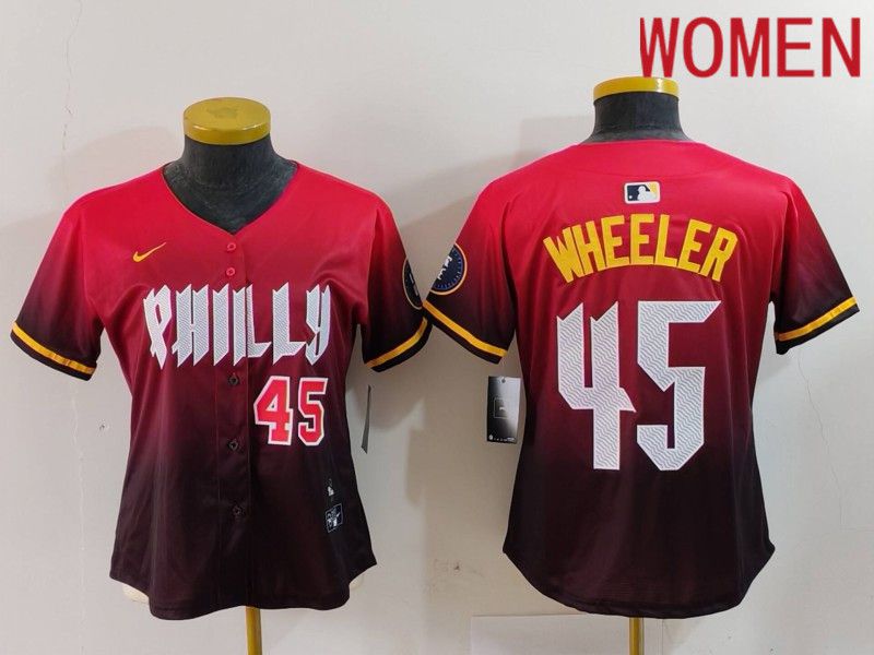 Women Philadelphia Phillies #45 Wheeler Red City Edition 2024 Nike MLB Jersey style 3